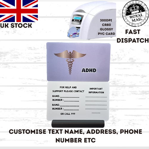 Medical awareness disability card & lanyard. Printed Plastic Card see options