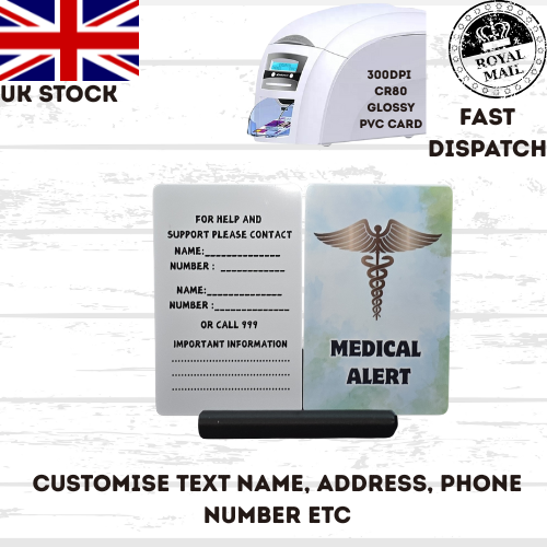 Medical awareness disability card & lanyard. Printed Plastic Card see options