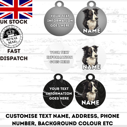 BORDER COLLIE Dog Pet Personalise Own Photo Round, Bone, Military Tag