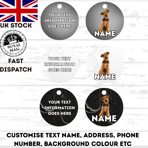 AIREDALE TERRIER TAG Dog Pet Personalise Own Photo Round, Dog Bone, Military Tag