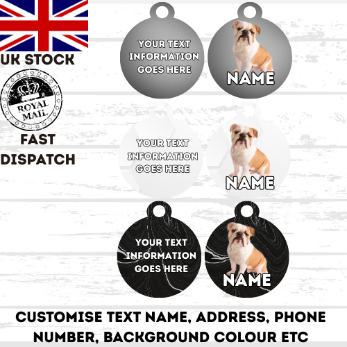 ENGLISH BULLDOG Dog Pet Personalise Own Photo Round, Bone, Military Tag