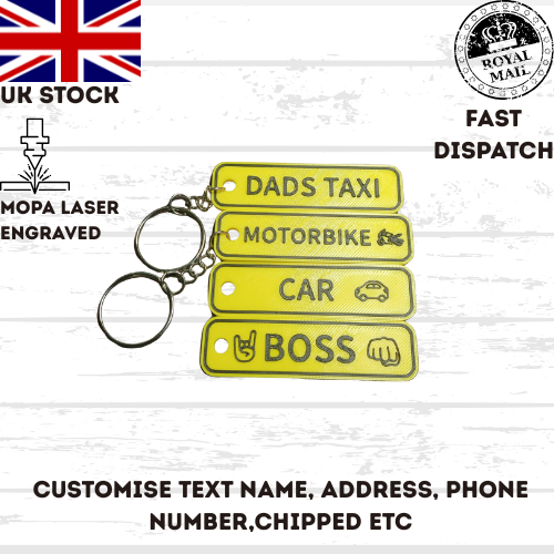 4D Customisable Car YELLOW-BLACK Reg Plate Keyring Keychain Personalised