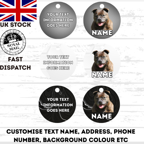 AMERICAN STAFFY TAG Dog Pet Personalise Own Photo Round, Dog Bone, Military Tag