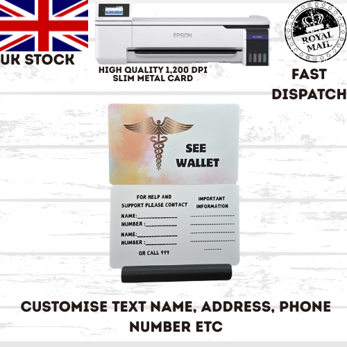 Medical awareness disability card & lanyard Printed Slim Metal Card see options