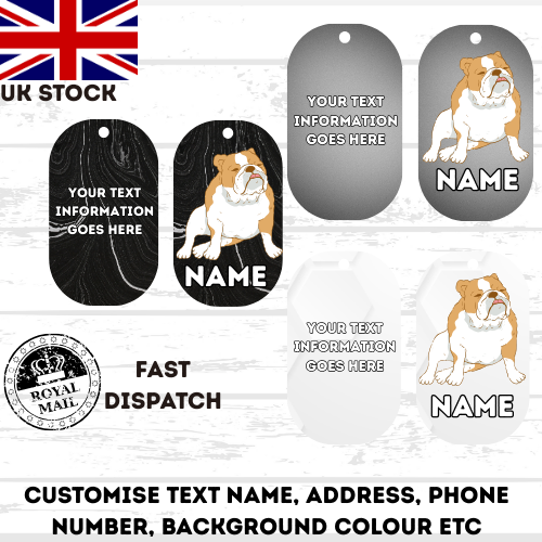 ENGLISH BULLDOG Dog Pet Personalise Own Photo Round, Bone, Military Tag