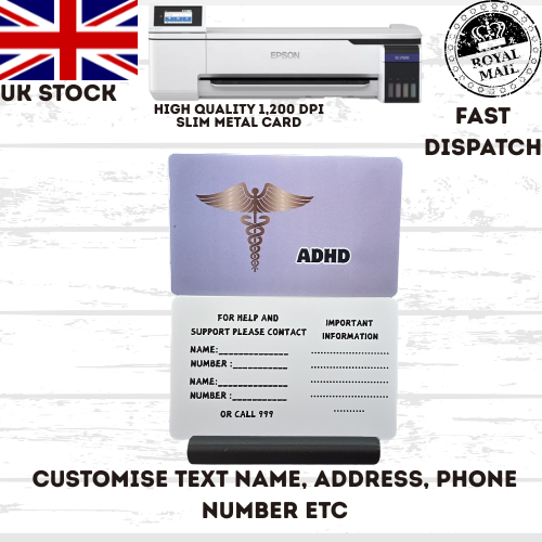Medical awareness disability card & lanyard Printed Slim Metal Card see options