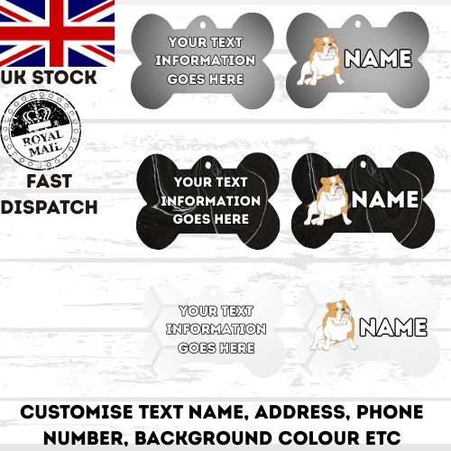 ENGLISH BULLDOG Dog Pet Personalise Own Photo Round, Bone, Military Tag