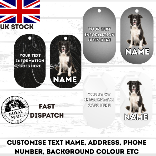 BORDER COLLIE Dog Pet Personalise Own Photo Round, Bone, Military Tag