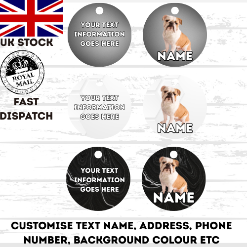 ENGLISH BULLDOG Dog Pet Personalise Own Photo Round, Bone, Military Tag