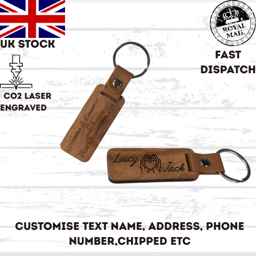 Personalised Wood Keychain Leather Custom Engraved Key Ring Gift for Him Her