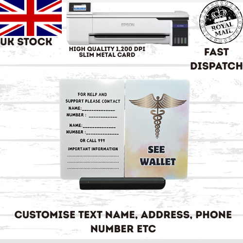 Medical awareness disability card & lanyard Printed Slim Metal Card see options