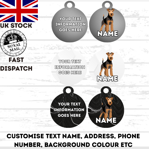 AIREDALE TERRIER TAG Dog Pet Personalise Own Photo Round, Dog Bone, Military Tag