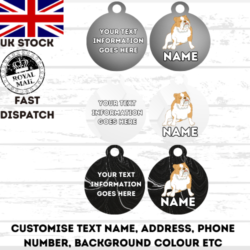 ENGLISH BULLDOG Dog Pet Personalise Own Photo Round, Bone, Military Tag