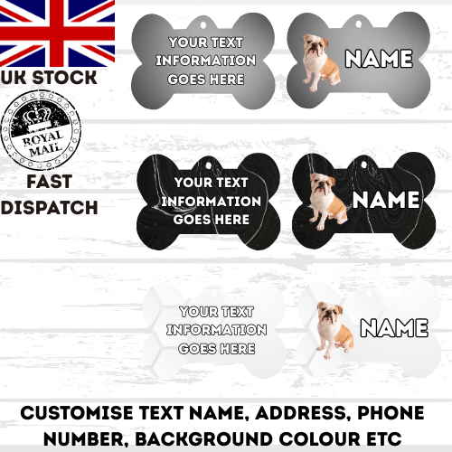 ENGLISH BULLDOG Dog Pet Personalise Own Photo Round, Bone, Military Tag