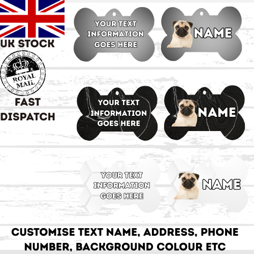PUG Dog Personalised Your Own Photo Round Dog Bone, Military Tag