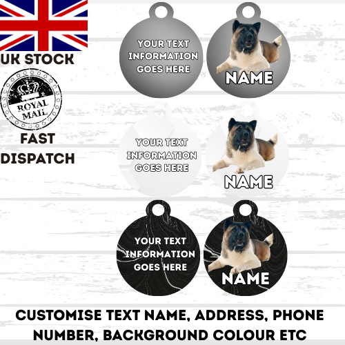 AMERICAN AKITA Dog Pet Personalise Own Photo Round, Dog Bone, Military Tag