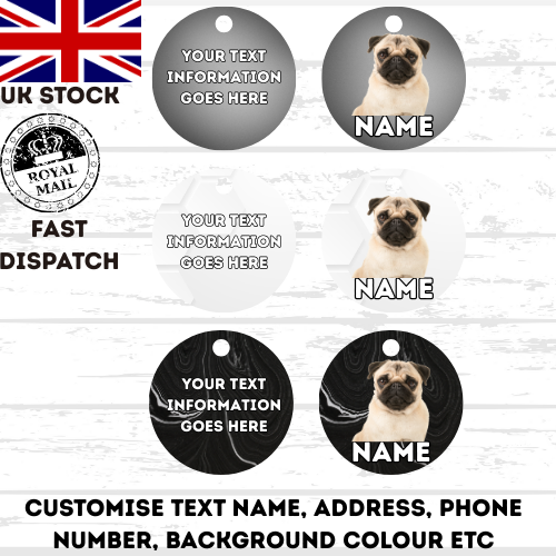 PUG Dog Personalised Your Own Photo Round Dog Bone, Military Tag