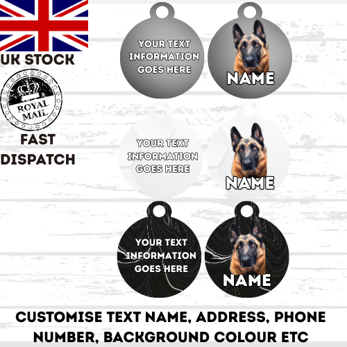 GERMAN SHEPHERD Dog Pet Personalise Own Photo Round, Bone, Military Tag