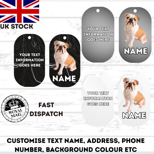 ENGLISH BULLDOG Dog Pet Personalise Own Photo Round, Bone, Military Tag