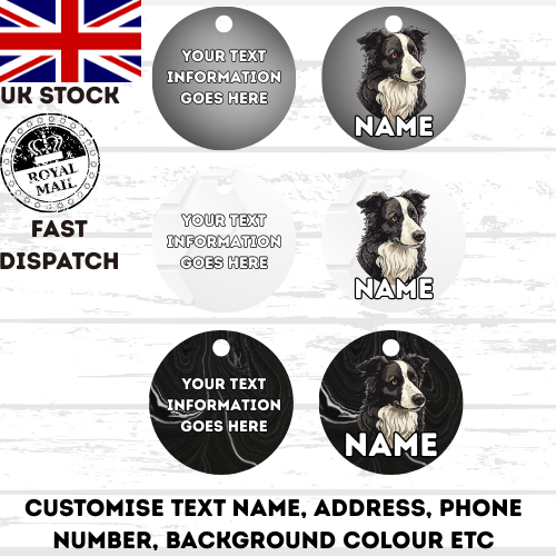 BORDER COLLIE Dog Pet Personalise Own Photo Round, Bone, Military Tag