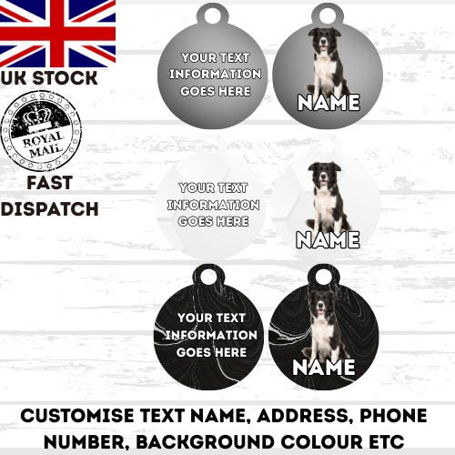BORDER COLLIE Dog Pet Personalise Own Photo Round, Bone, Military Tag