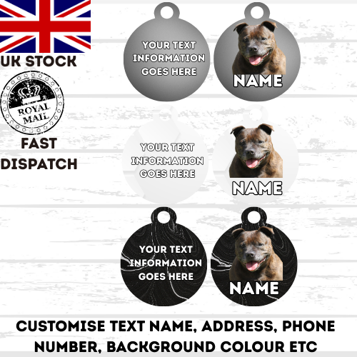 AMERICAN STAFFY TAG Dog Pet Personalise Own Photo Round, Dog Bone, Military Tag