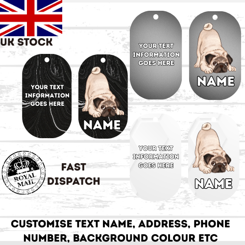 PUG Dog Personalised Your Own Photo Round Dog Bone, Military Tag