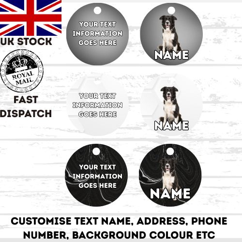 BORDER COLLIE Dog Pet Personalise Own Photo Round, Bone, Military Tag