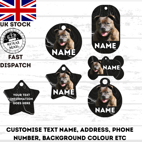 AMERICAN STAFFY TAG Dog Pet Personalise Own Photo Round, Dog Bone, Military Tag