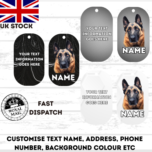 GERMAN SHEPHERD Dog Pet Personalise Own Photo Round, Bone, Military Tag