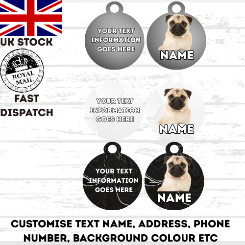 PUG Dog Personalised Your Own Photo Round Dog Bone, Military Tag