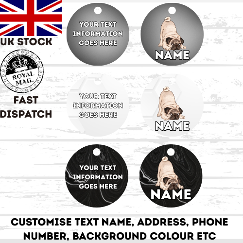 PUG Dog Personalised Your Own Photo Round Dog Bone, Military Tag