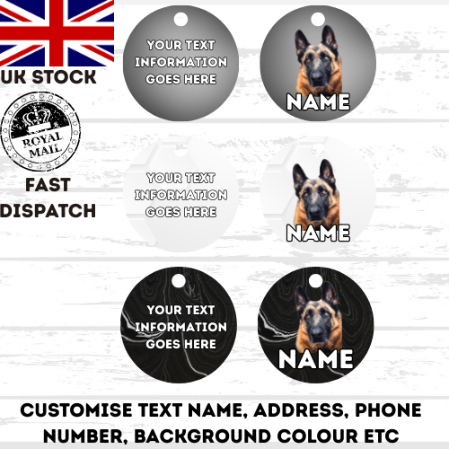 GERMAN SHEPHERD Dog Pet Personalise Own Photo Round, Bone, Military Tag