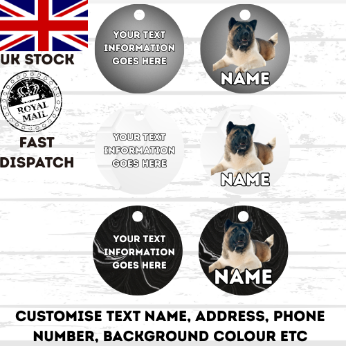AMERICAN AKITA Dog Pet Personalise Own Photo Round, Dog Bone, Military Tag