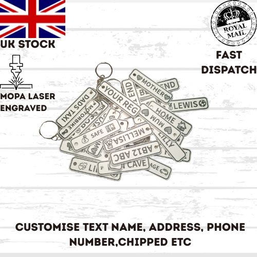 4D Customisable Car WHITE-BLACK Reg Plate Keyring Keychain Personalised