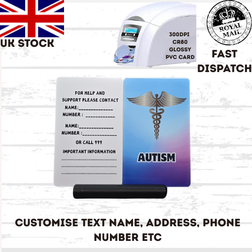 Medical awareness disability card. Printed Plastic Card see options
