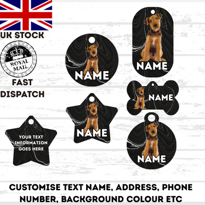 AIREDALE TERRIER TAG Dog Pet Personalise Own Photo Round, Dog Bone, Military Tag