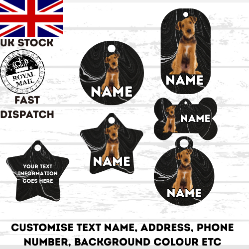 AIREDALE TERRIER TAG Dog Pet Personalise Own Photo Round, Dog Bone, Military Tag