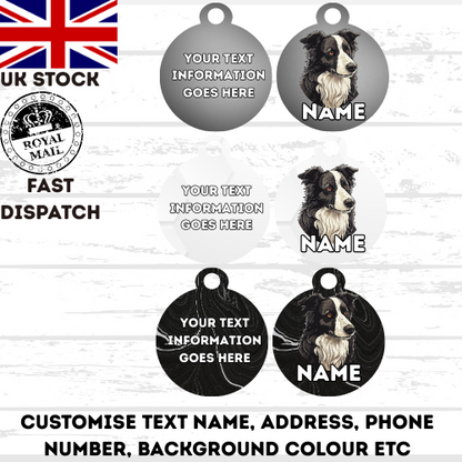 BORDER COLLIE Dog Pet Personalise Own Photo Round, Bone, Military Tag