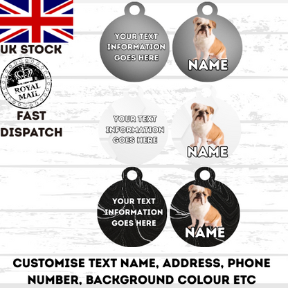 ENGLISH BULLDOG Dog Pet Personalise Own Photo Round, Bone, Military Tag