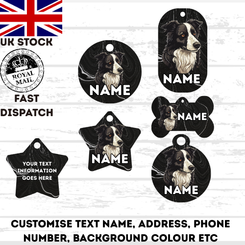 BORDER COLLIE Dog Pet Personalise Own Photo Round, Bone, Military Tag