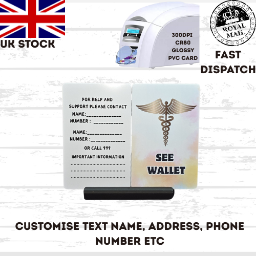 Medical awareness disability card & lanyard. Printed Plastic Card see options