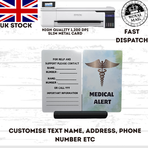 Medical awareness disability card & lanyard Printed Slim Metal Card  see options
