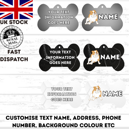 ENGLISH BULLDOG Dog Pet Personalise Own Photo Round, Bone, Military Tag