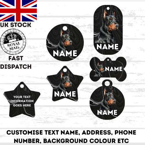 DOLBERMAN Dog Pet Personalise Own Photo Round, Bone, Military Tag