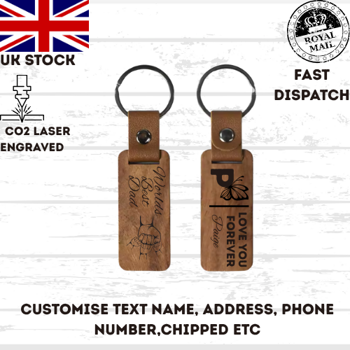 Personalised Wood Keychain Leather Custom Engraved Key Ring Gift for Him Her