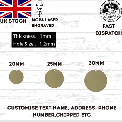 ENGRAVED PET TAGS - Personalised id dog cat tag Brass name small large identity