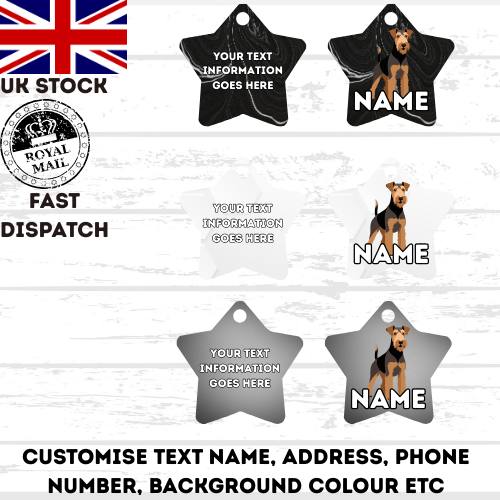 AIREDALE TERRIER TAG Dog Pet Personalise Own Photo Round, Dog Bone, Military Tag