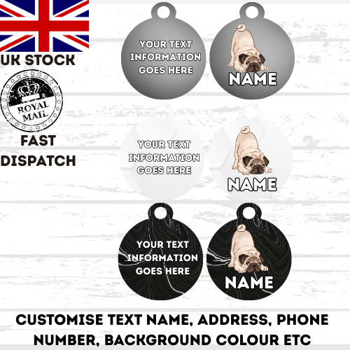 PUG Dog Personalised Your Own Photo Round Dog Bone, Military Tag