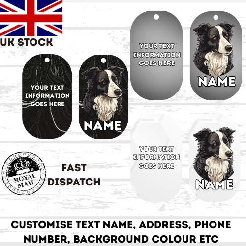 BORDER COLLIE Dog Pet Personalise Own Photo Round, Bone, Military Tag